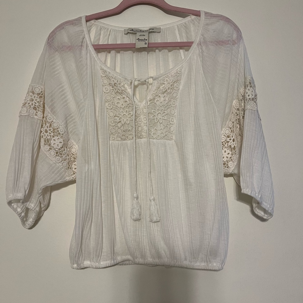 American Rag Sheer White Boho Style Tie Front Top